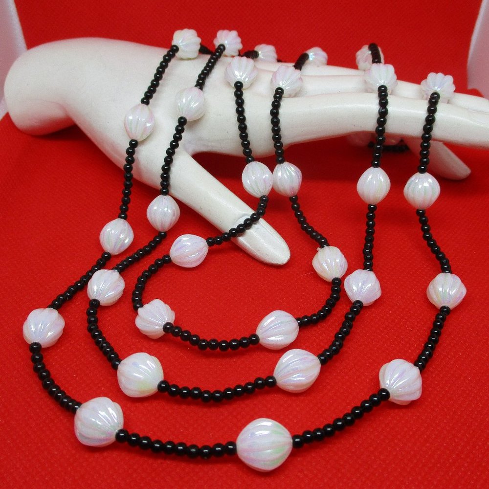 67" IRIDESCENT White LUCITE Black Glass Seed Bead Flapper Necklace Opera Length